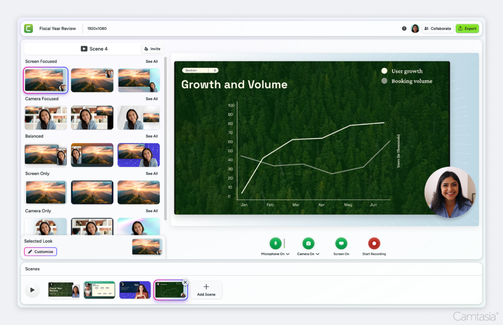 Camtasia's online free screen recorder with the options to balance screen content and camera content to the user's liking.