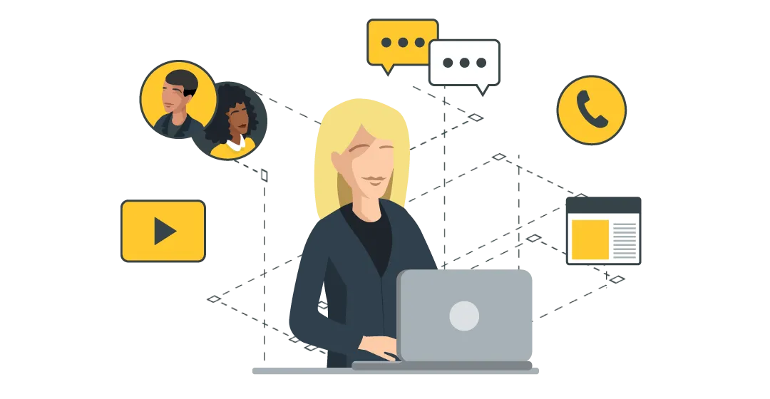 Person working on laptop with digital icons behind them