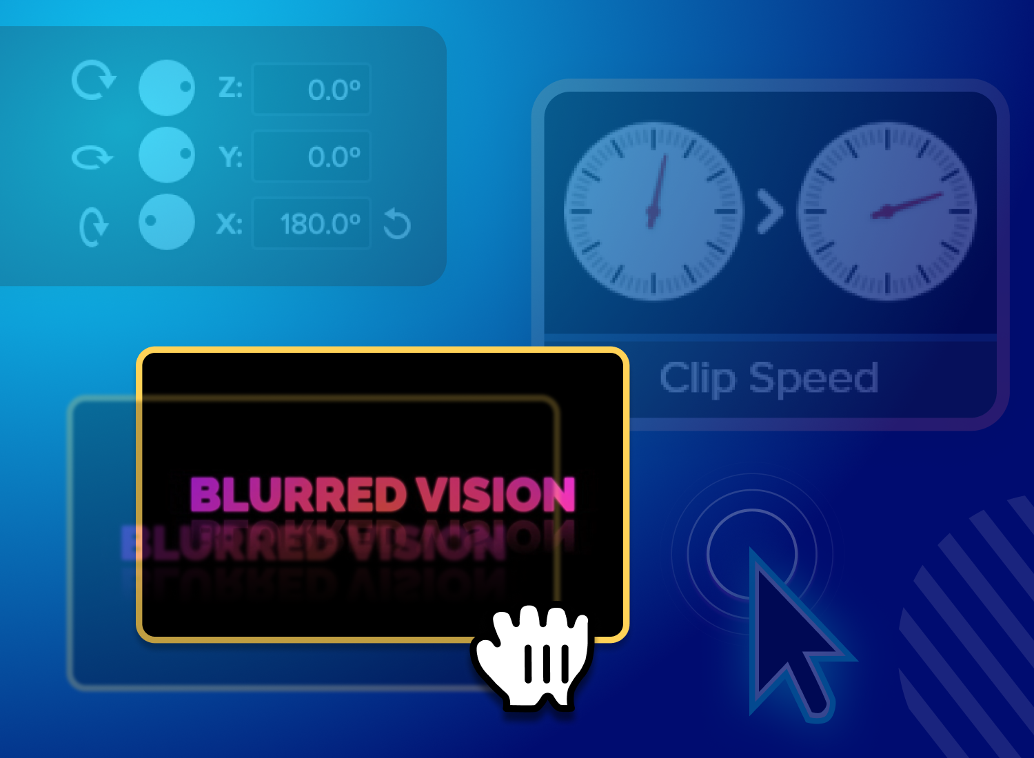Stylized graphic showing video editing interface elements like rotation, clip speed, and a blurred text effect labeled 'Blurred Vision,' symbolizing low feature adoption or overlooked tools.