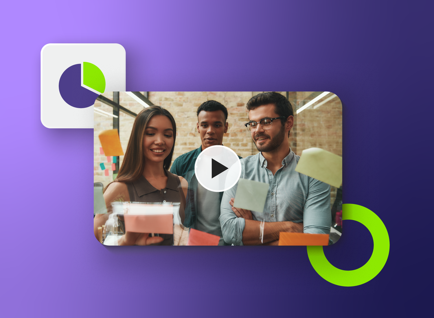 Team of professionals collaborating with sticky notes on a glass board, shown in a video thumbnail with a play button, representing SOP video planning.