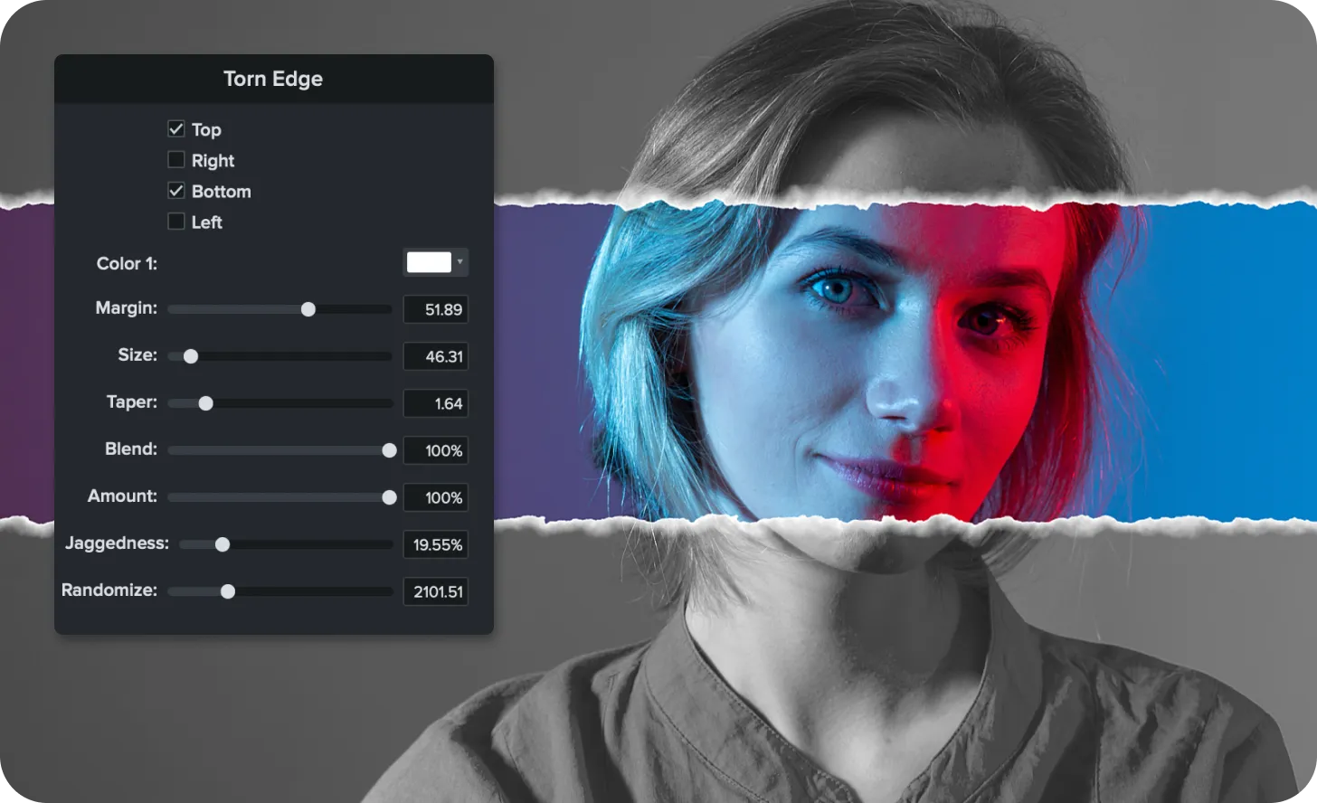 Image showing Torn Edge visual effect settings and adjustments.