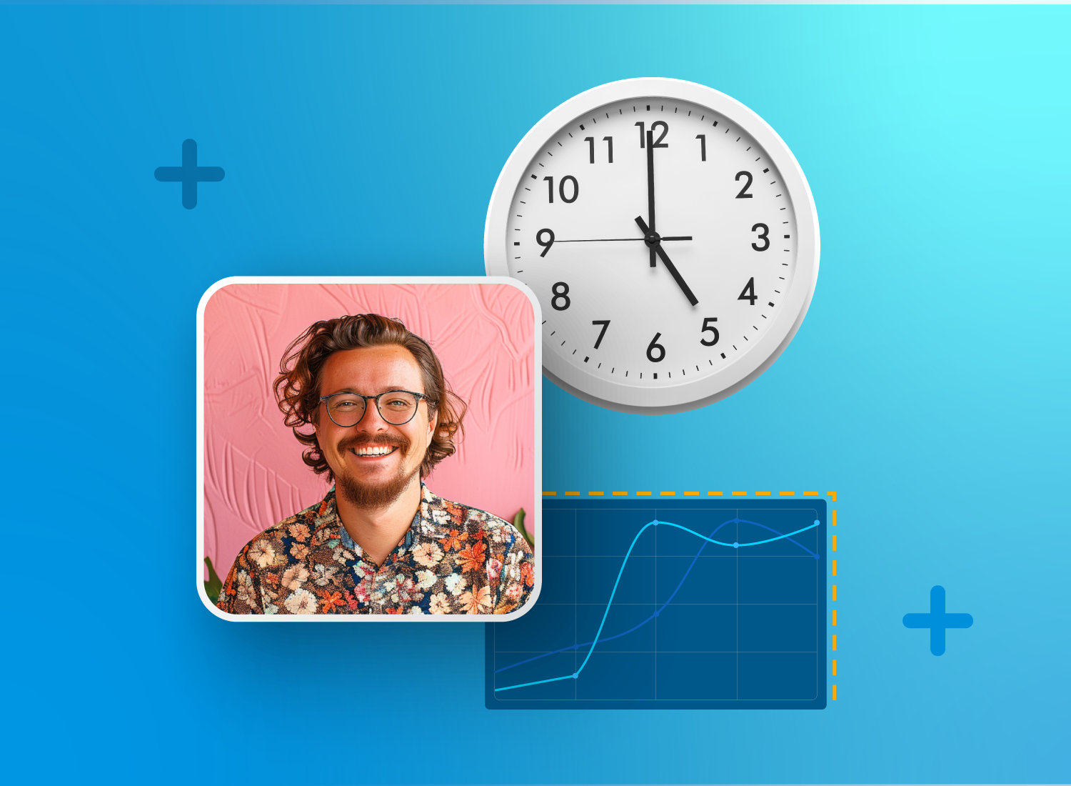 Smiling man next to a wall clock and line graph, illustrating how video training improves knowledge retention and speeds up time to value