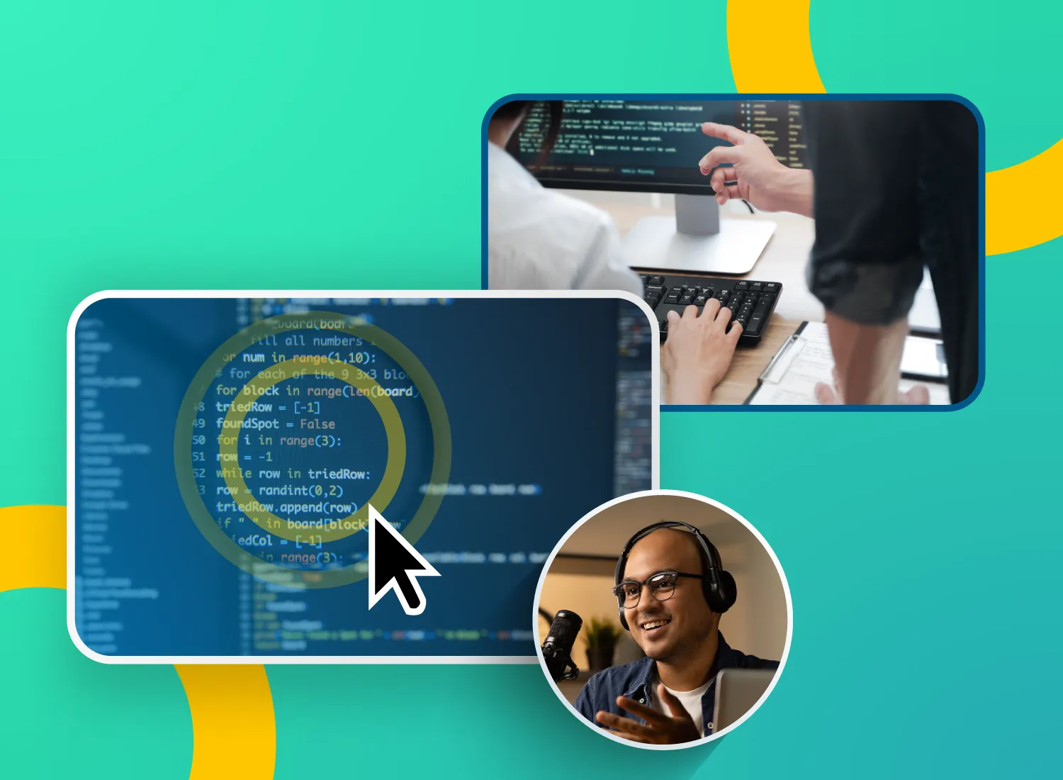 Developer sharing code through async video review, with team collaboration shown via screen sharing and live feedback sessions.