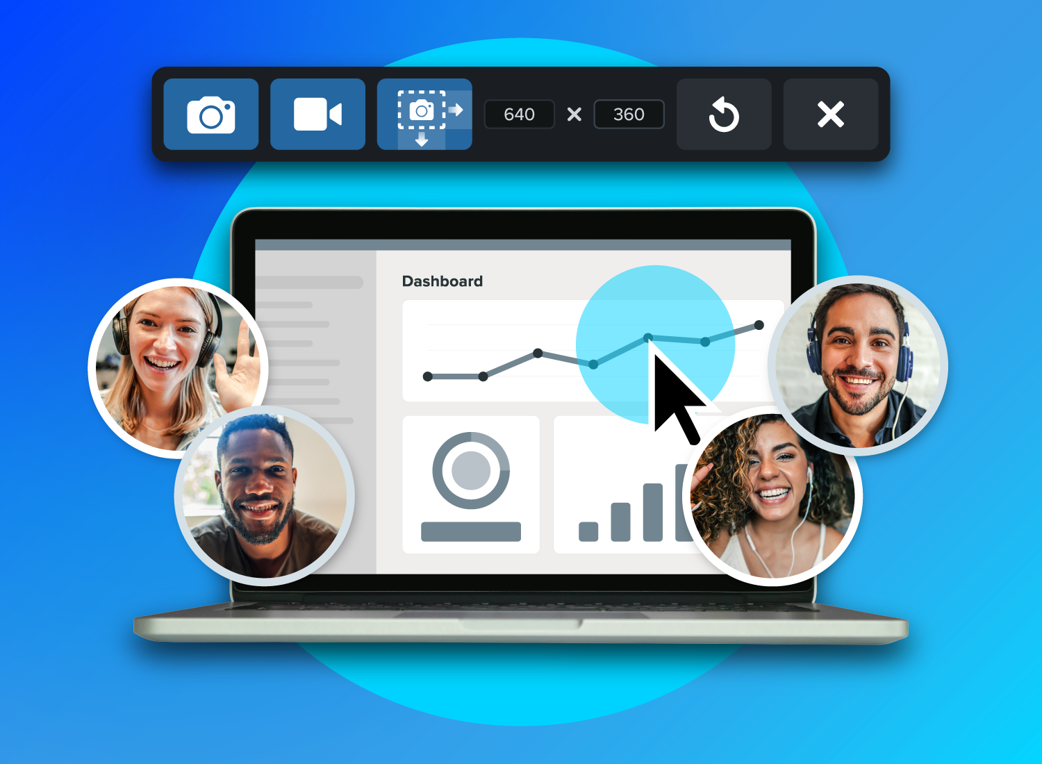 Team collaborating through screen capture and video tools, with a dashboard on a laptop and multiple team members engaging remotely.
