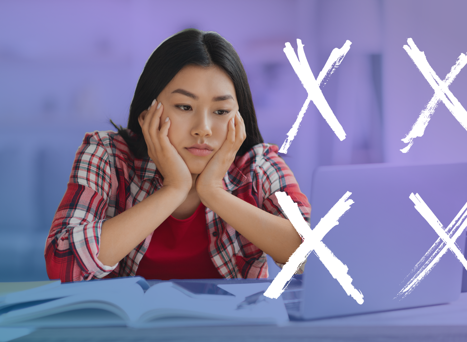 Student looking bored and disengaged while staring at a laptop, with large white X marks overlayed to represent lecture fatigue or frustration.