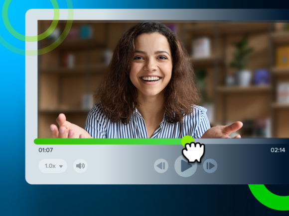 Woman smiling and speaking in a paused training video on a digital video player interface.