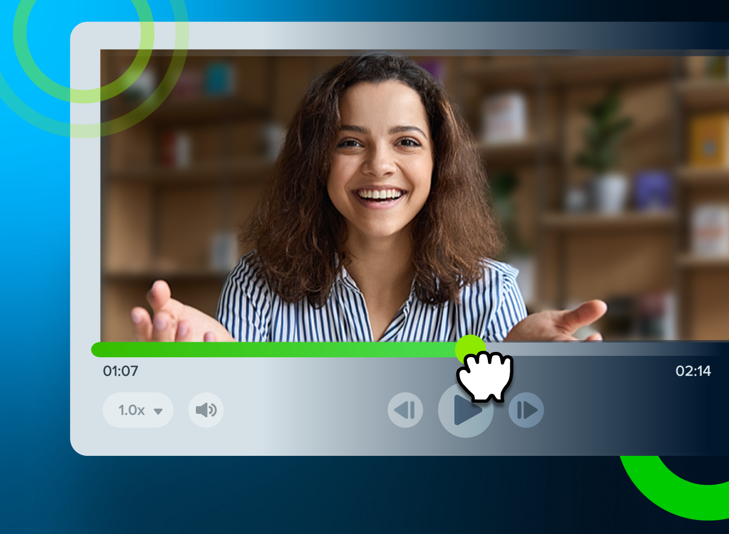 Woman smiling and speaking in a paused training video on a digital video player interface.