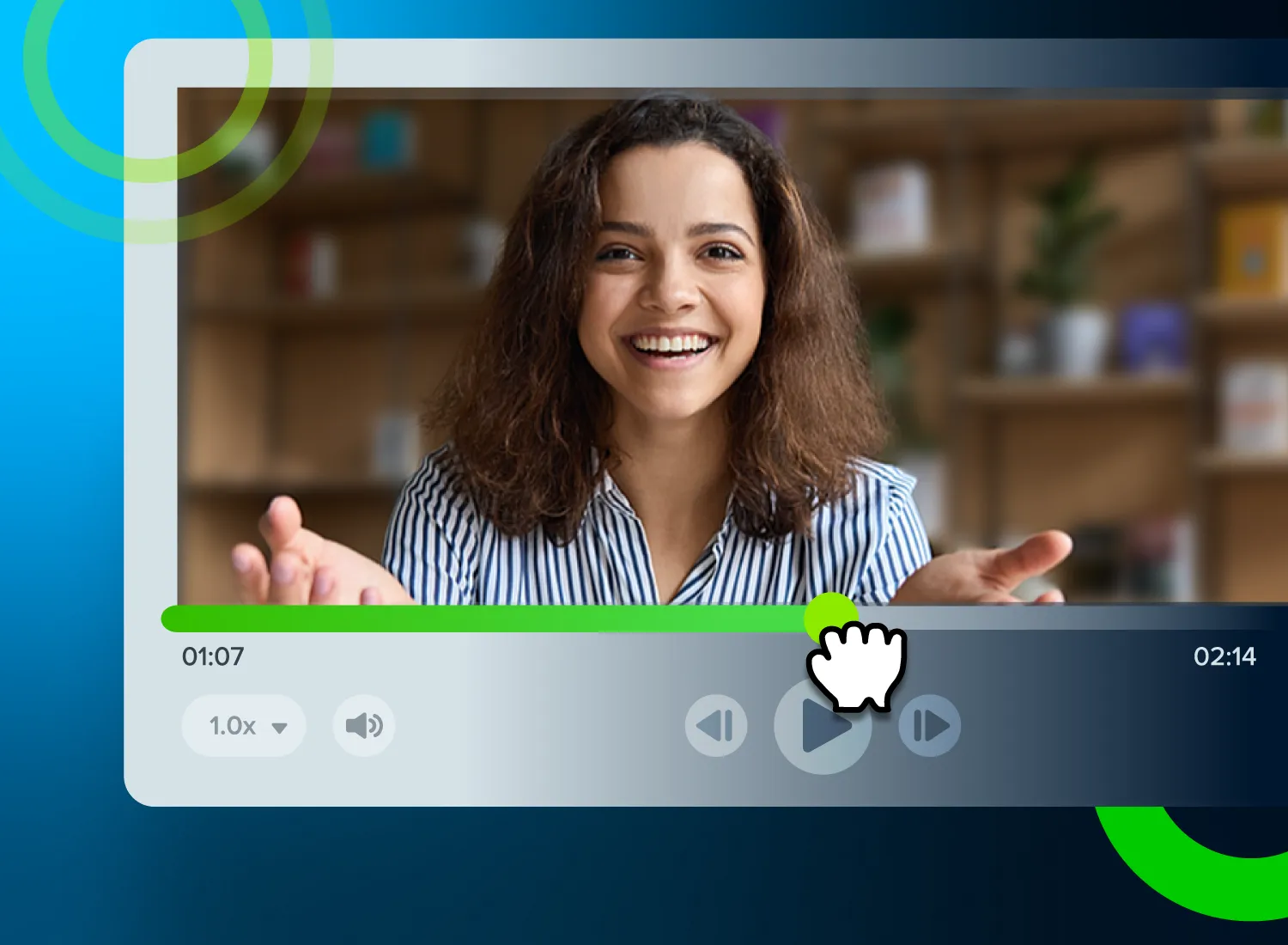 Woman smiling and speaking in a paused training video on a digital video player interface.