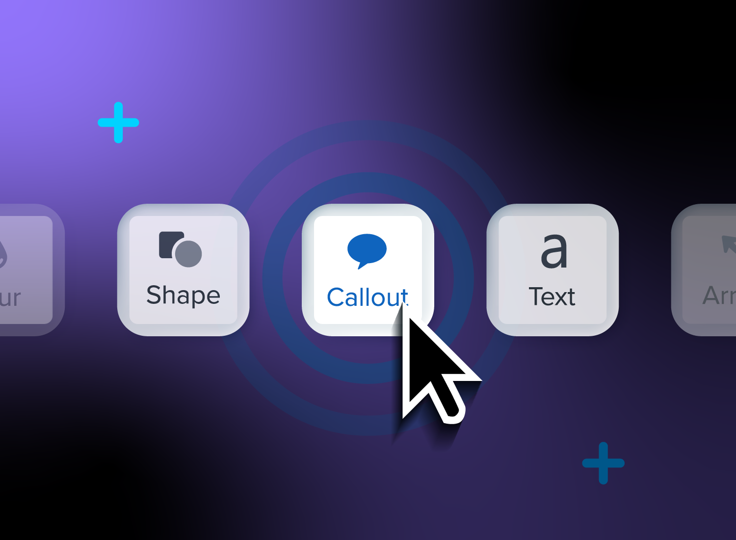 Cursor selecting the 'Callout' feature in a video editing toolbar, highlighting interactive feature discovery.