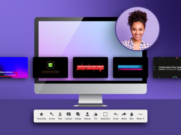 A desktop screen shows a selection of customizable lower-third title templates, with a photo of a smiling woman overlaid on the screen. Below the screen is a toolbar with options like Text, Callout, Shape, and Blur.