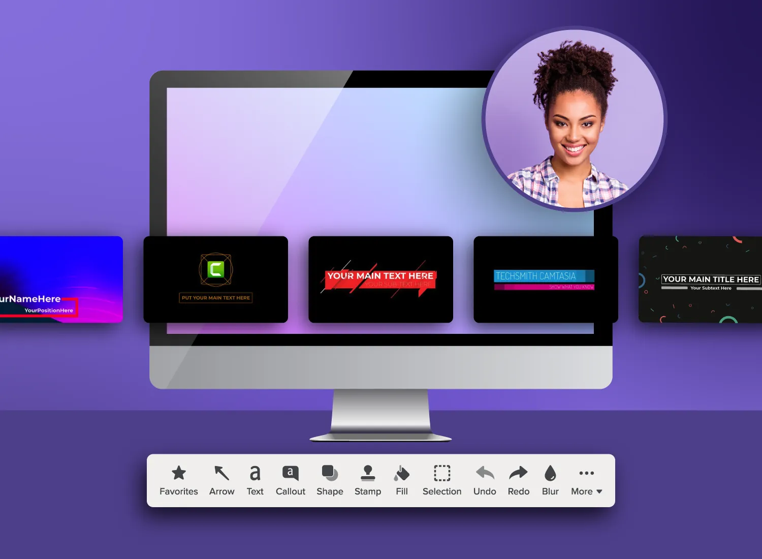 A desktop screen shows a selection of customizable lower-third title templates, with a photo of a smiling woman overlaid on the screen. Below the screen is a toolbar with options like Text, Callout, Shape, and Blur.