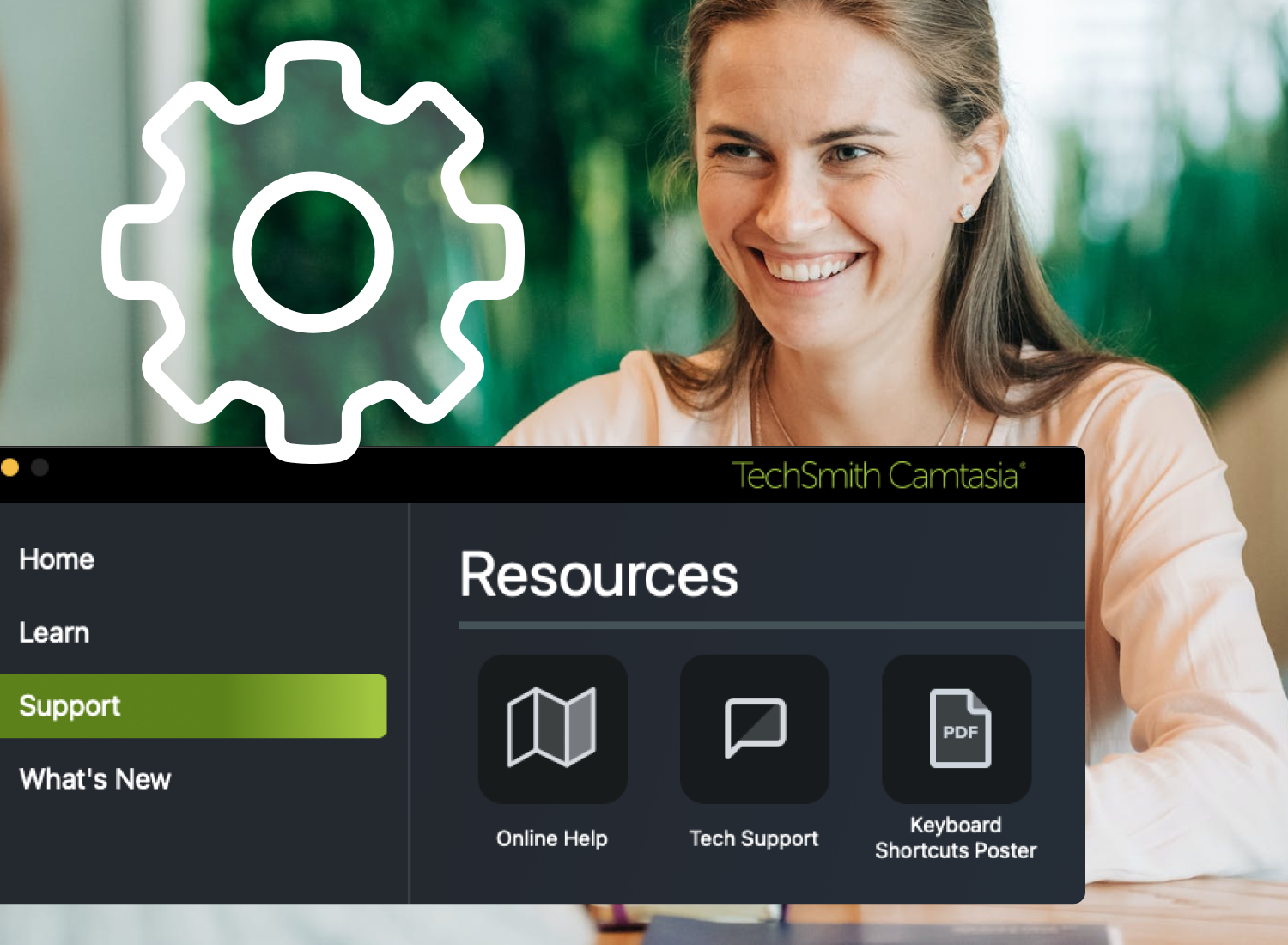 Woman smiling next to TechSmith Camtasia support menu with highlighted resources like online help and tech support.