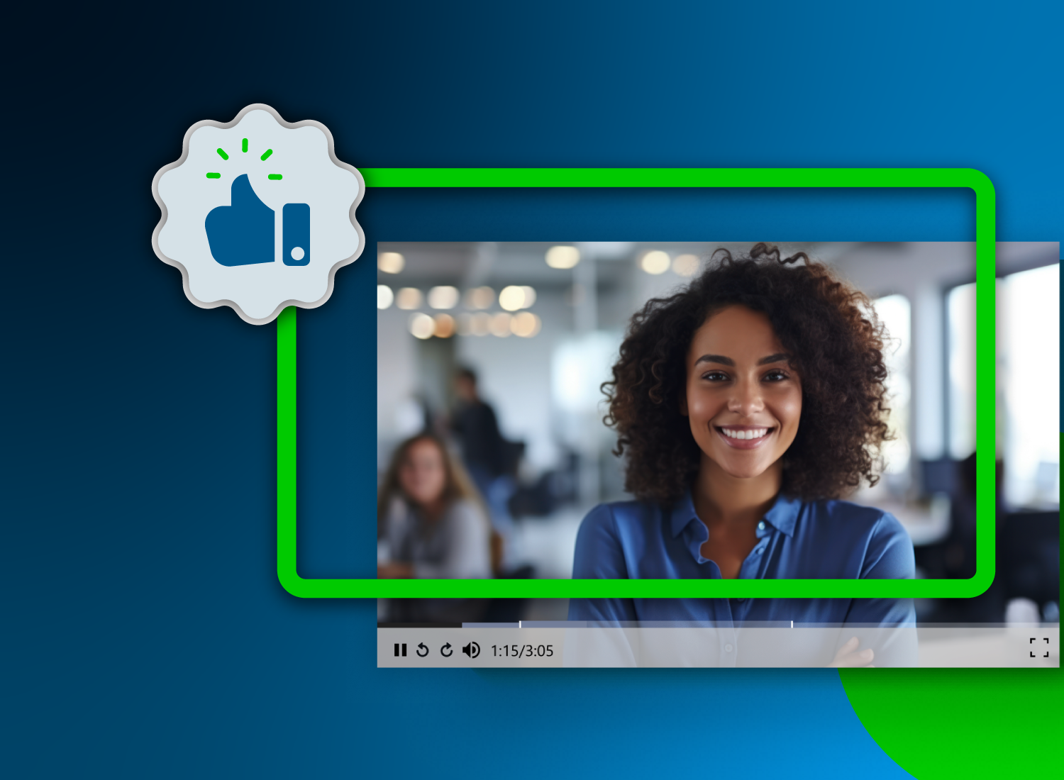 Customer success professional in a training video with thumbs-up badge icon, highlighting effective and engaging video onboarding.