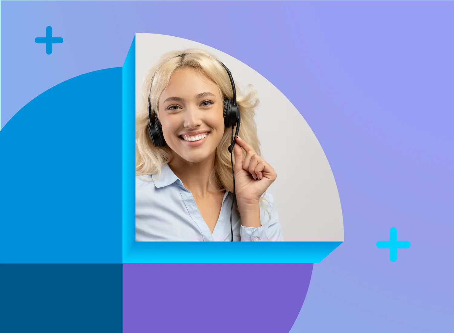 Smiling woman wearing a headset, appearing in a 3D cutout frame against a colorful blue and purple background with plus icons, suggesting virtual communication or online support.
