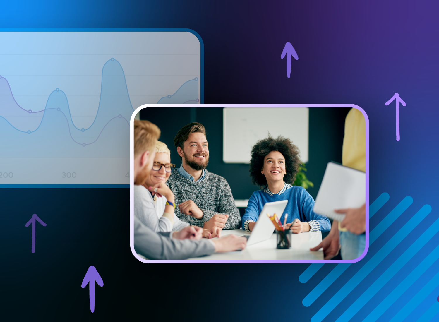 A team of professionals in a modern office setting listens attentively during a meeting, with a graph overlay in the background indicating performance trends and upward arrows symbolizing progress.