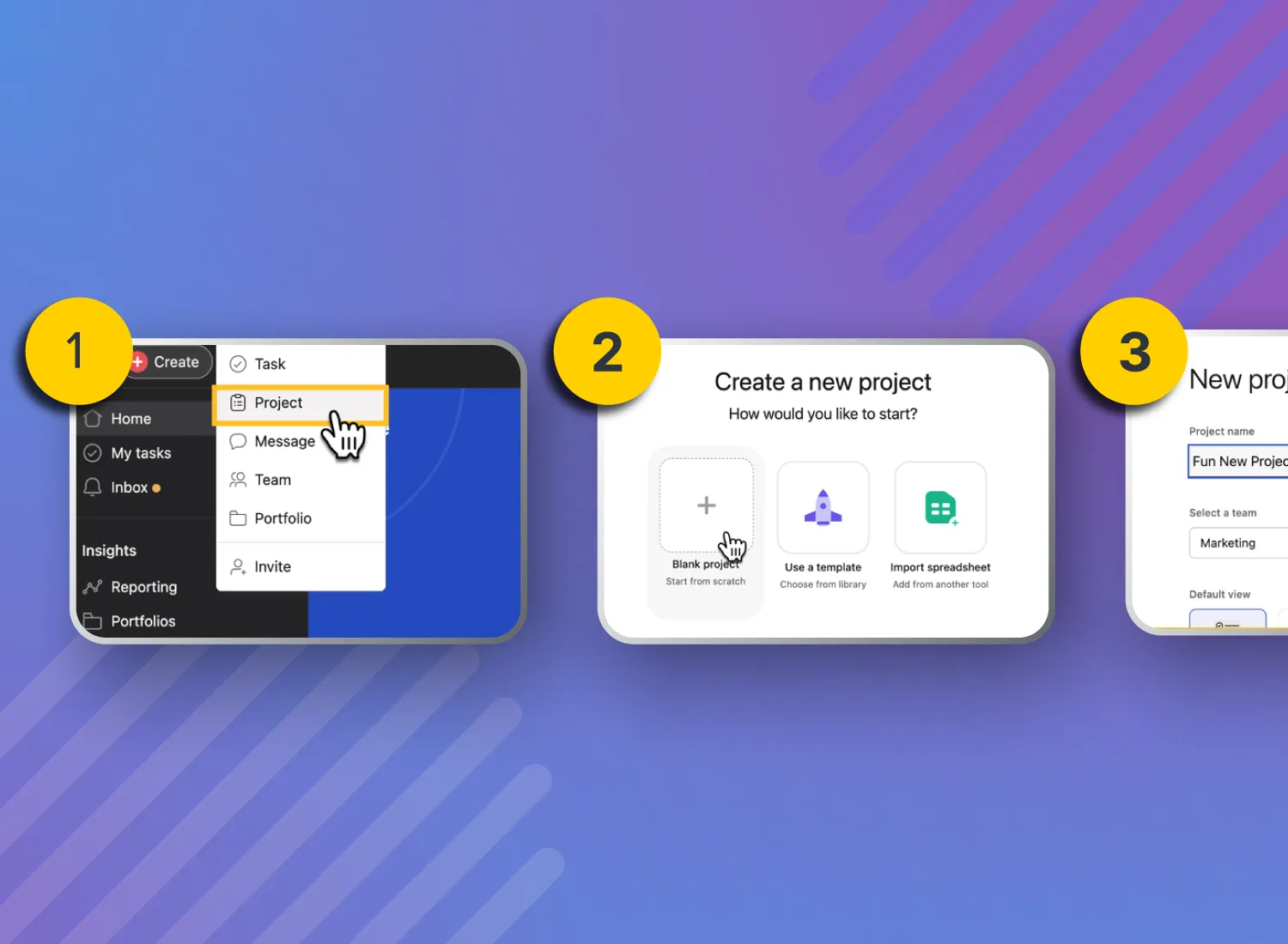 Step-by-step visual showing how to create a new project in a task management tool, with steps labeled 1 through 3: selecting “Project,” choosing “Blank project,” and entering project details.