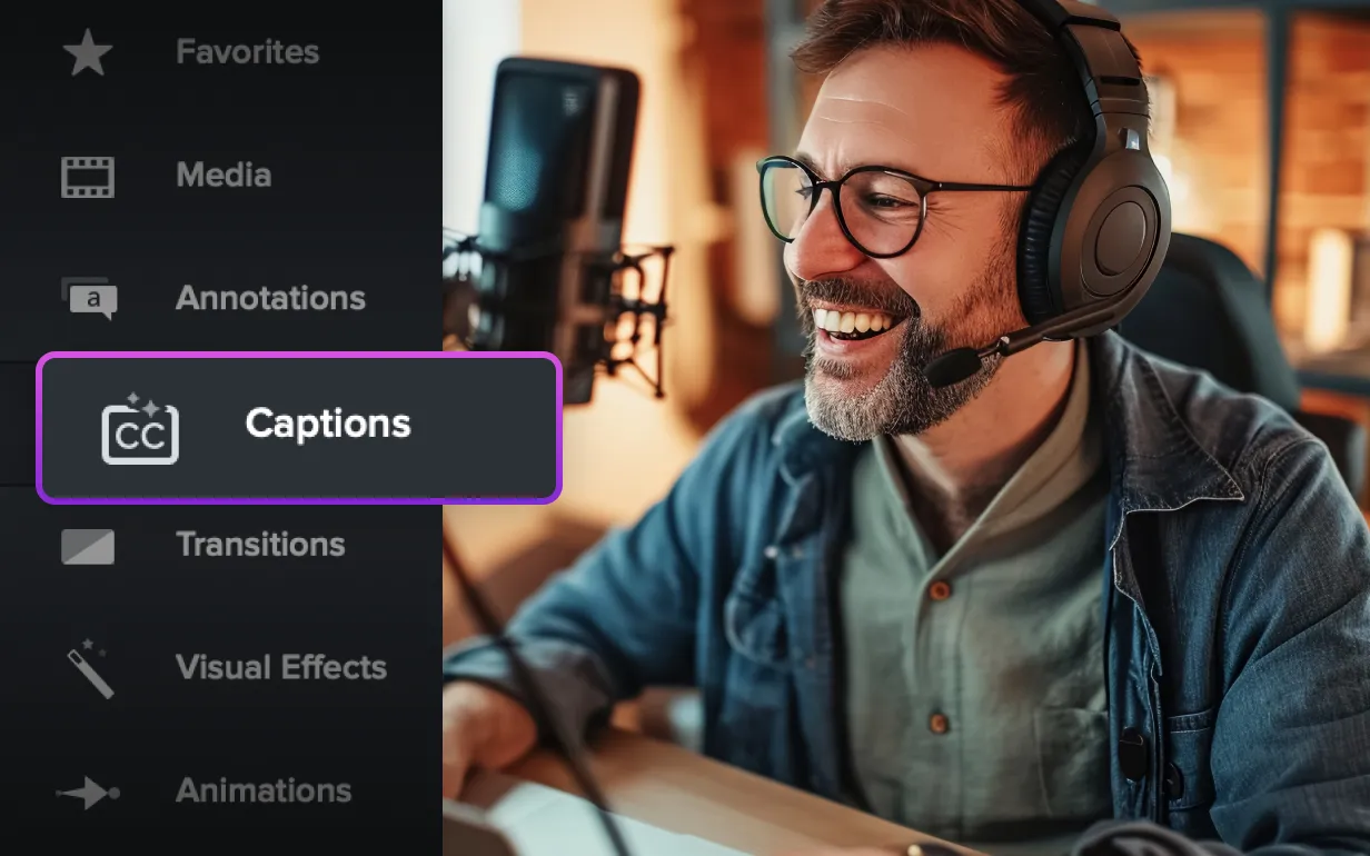 captions button highlighted over picture of a man speaking