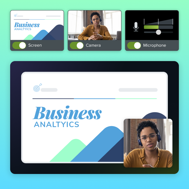 A virtual meeting interface showing screen sharing titled "Business Analytics," with active camera and microphone indicators.