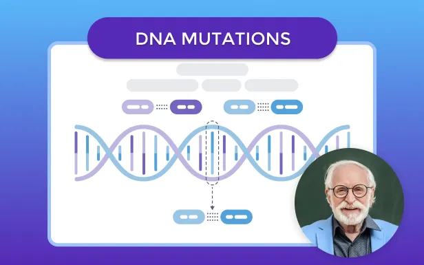 An illustration depicting DNA mutations with a header labeled "DNA Mutations" and a video of a man in the corner.