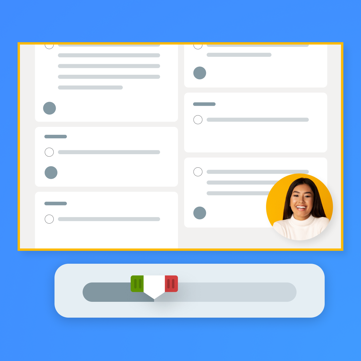 Dashboard with several cards containing information with the Snagit video editor slider indicating trimming a video.