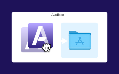 The MacOS installer window showing Audiate being dragged into the applications folder