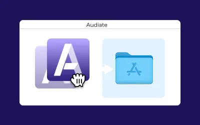 The MacOS installer window showing Audiate being dragged into the applications folder