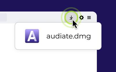 A cursor clicking on the downloads icon in the upper right corner of a browser revealing an installer file.