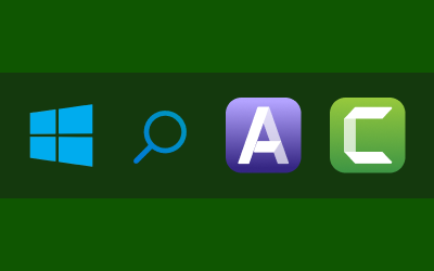 the windows menu with the Camtasia and Audiate icons next to the search and windows icon