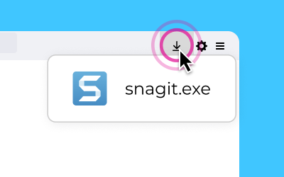 A cursor clicking on the downloads icon in the upper right corner of a browser revealing an installer file.
