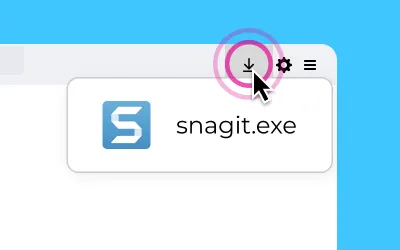 A cursor clicking on the downloads icon in the upper right corner of a browser revealing an installer file.