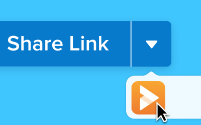 Share Link button with dropdown arrow and cursor hovering over an Screencast logo on a blue background