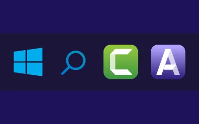the windows menu with the Camtasia and Audiate icons next to the search and windows icon