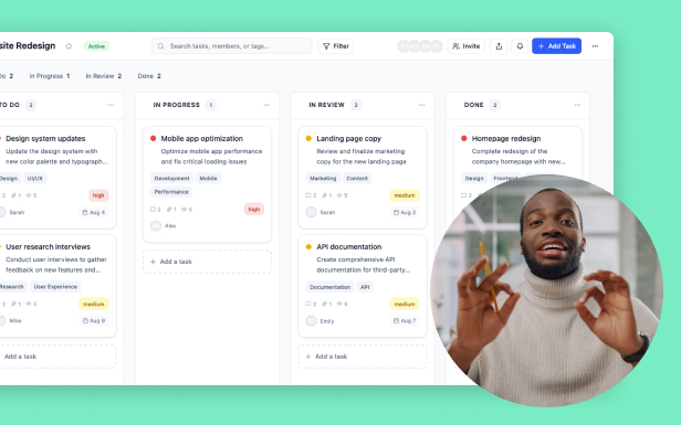 Project management dashboard with task columns and a person in a circle inset speaking.