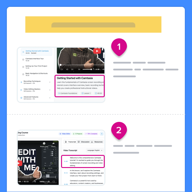 Two screenshots of Camtasia tutorial videos, labeled 1 and 2