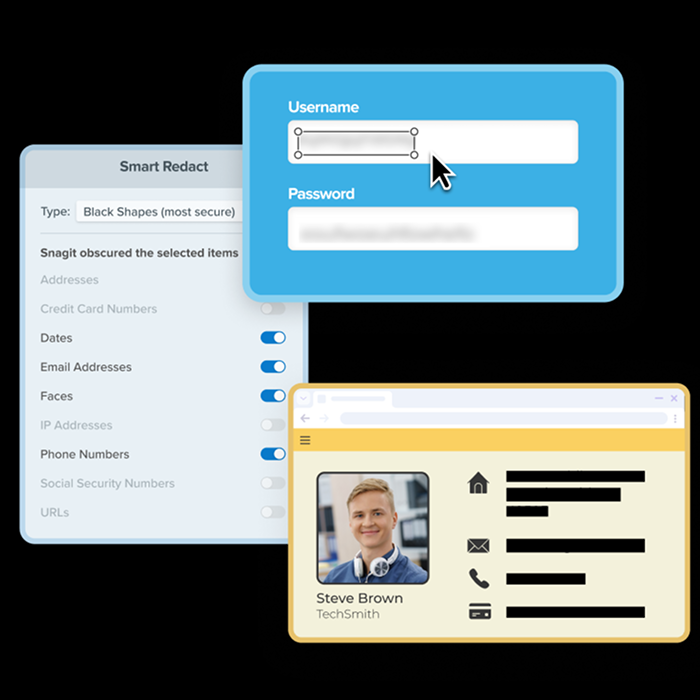 Snagit’s Smart Redact feature shown detecting and blocking sensitive information. Interface examples display usernames, emails, appointment details, and sensitive information being automatically redacted with black bars. An “AI-Powered” label highlights this feature.