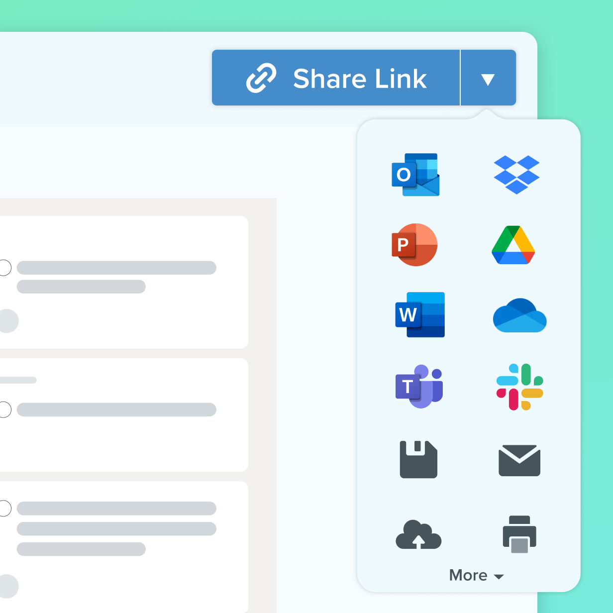 "Share Link" feature with icons for various applications including Outlook, PowerPoint, Google Drive, Word, OneDrive, Teams, Slack, and more.
