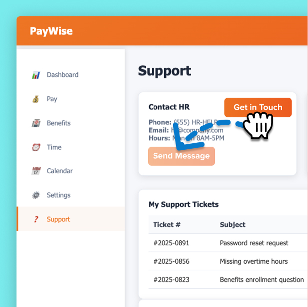Support page demonstrating the replacement of the old "Send Message" button with a new "Get in Touch" button in the UI.