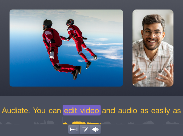 User editing the text of their transcript showcasing Audiate's ability to edit a video by editing the text. The video features a commentator discussing two people skydiving.