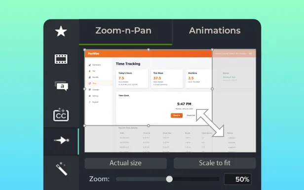 Camtasia editor with zoom and pan feature being applied.