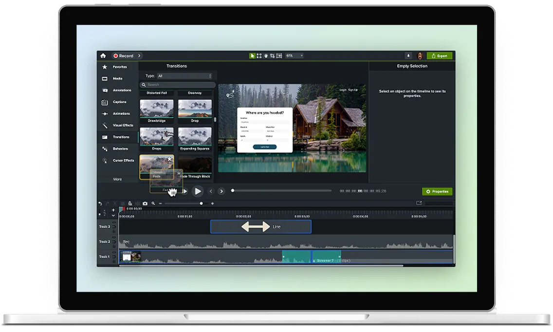 A laptop with Camtasia open to the editor with several pieces of media on the timeline being edited.