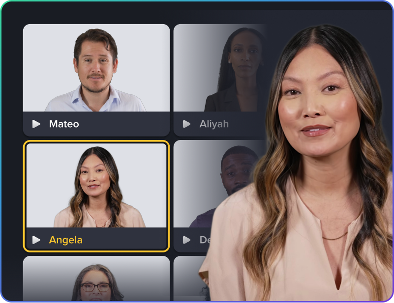 Camtasia Audiate showing selectable AI avatar presenters including “Angela,” demonstrating how users can add an on-screen virtual presenter to their video.