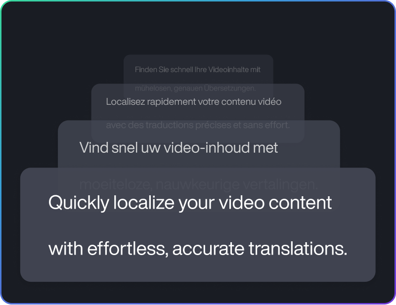 Camtasia Audiate translation graphic displaying a localized video caption reading “Quickly localize your video content with effortless, accurate translations,” illustrating AI-powered translation.