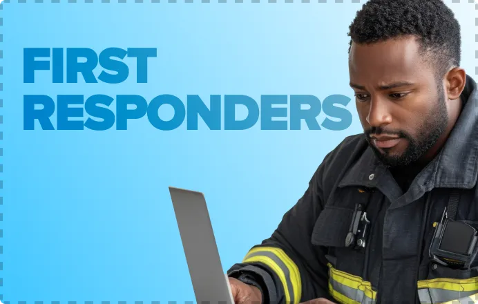 First responder in uniform using a laptop, representing TechSmith thirty percent discount for first responders and emergency personnel on Camtasia, Audiate, and Snagit.