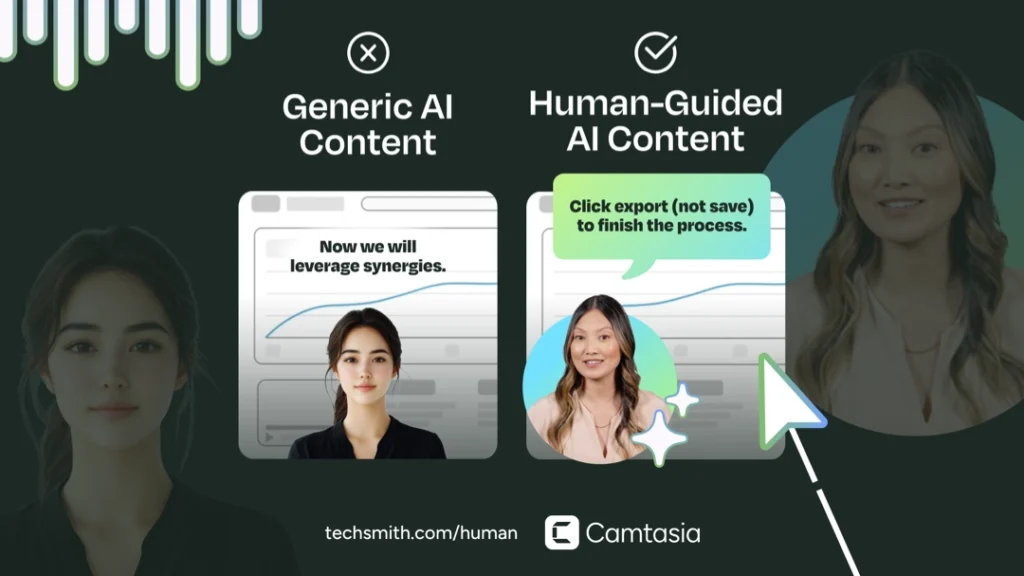 Example of generic AI content versus effective human-guided AI content in training videos.