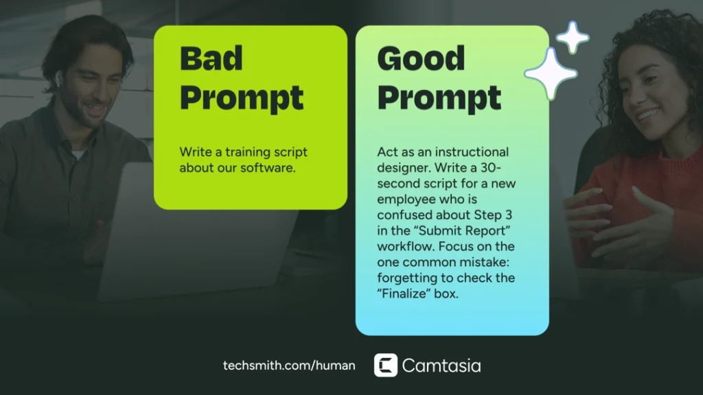 Example of a bad AI prompt versus a specific, effective prompt for training video scripts.