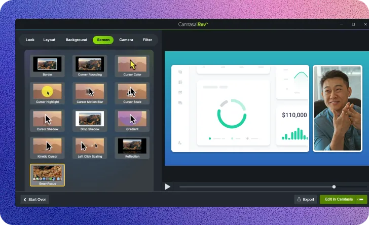 A SmartFocus screen effect option in the Camtasia Rev window.