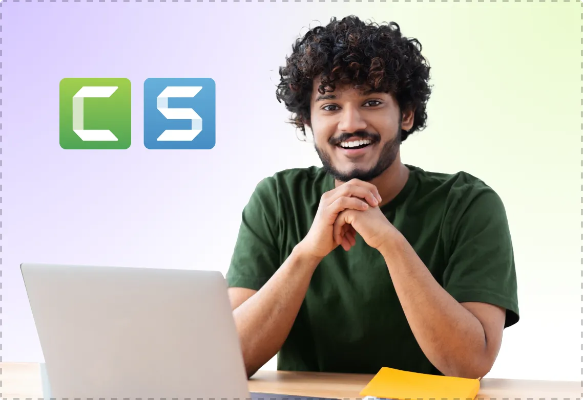 Smiling person using a laptop, representing the TechSmith 10% discount on any Camtasia and Snagit subscriptions for new users.