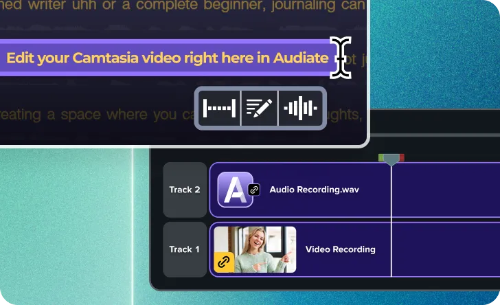 Text being edited in Audiate and edits being synced on Camtasia Editor timeline.