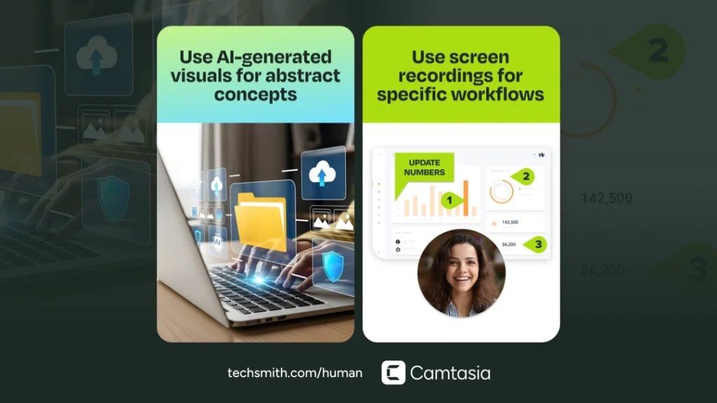 When to use AI visuals versus screen recordings in training video workflows.