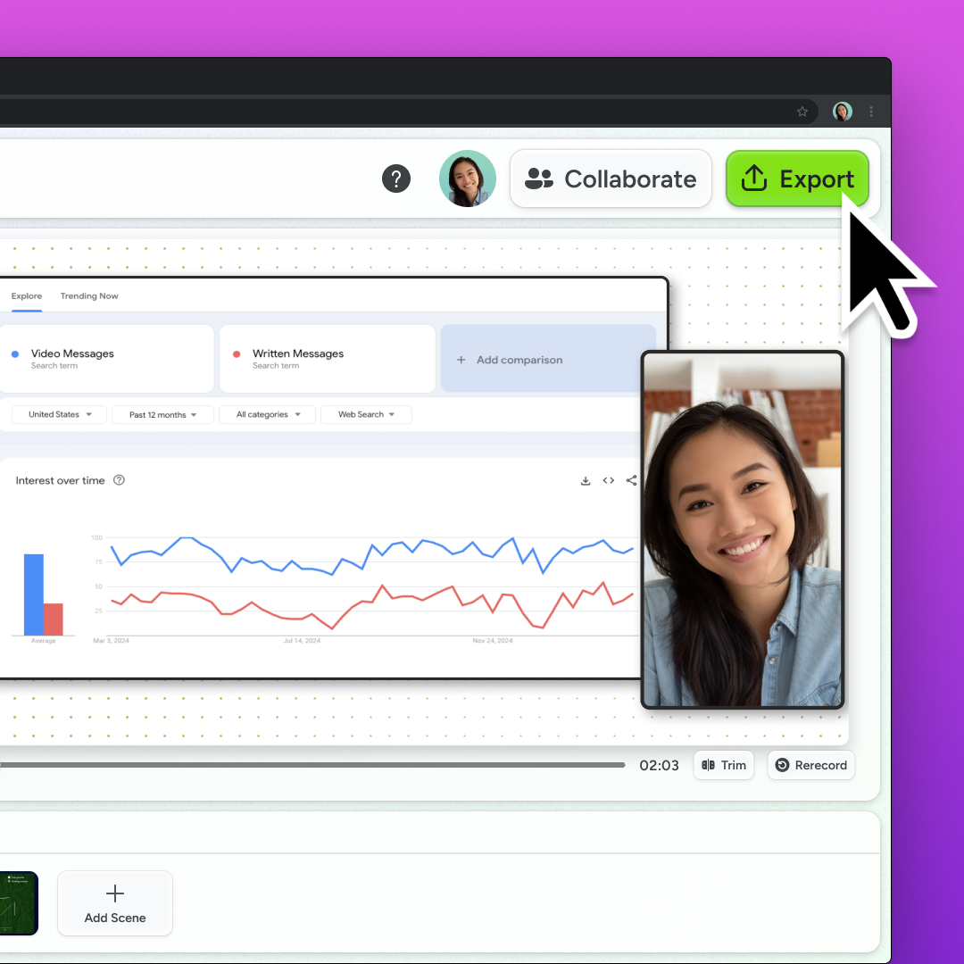 Camtasia online interface with a cursor hovering over the export button indicating easy sharing.